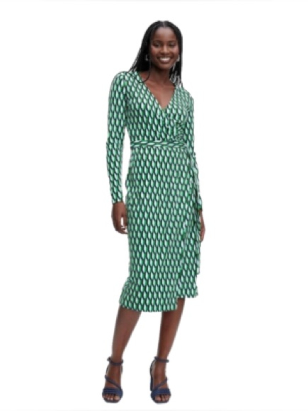Diane von Furstenberg Long-Sleeve Midi Arrow Geo Green Wrap Dress Arrow Geo Wrap